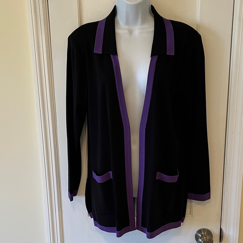 Misook Petite Open Cardigan Women’s Small Black Purple Office Preppy Luxury